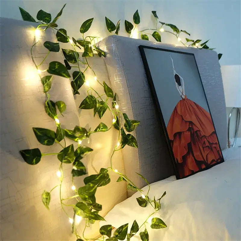 Artificial Plant Leaves bail with 10 ft LED Fairy Lights Battery Operated and 7 ft Bail Leaf Lights