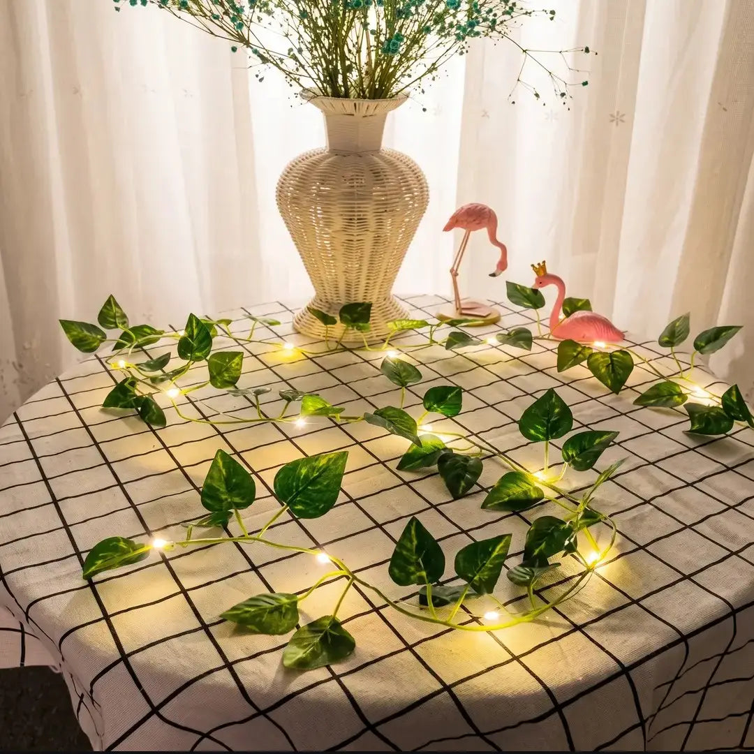 Artificial Plant Leaves bail with 10 ft LED Fairy Lights Battery Operated and 7 ft Bail Leaf Lights