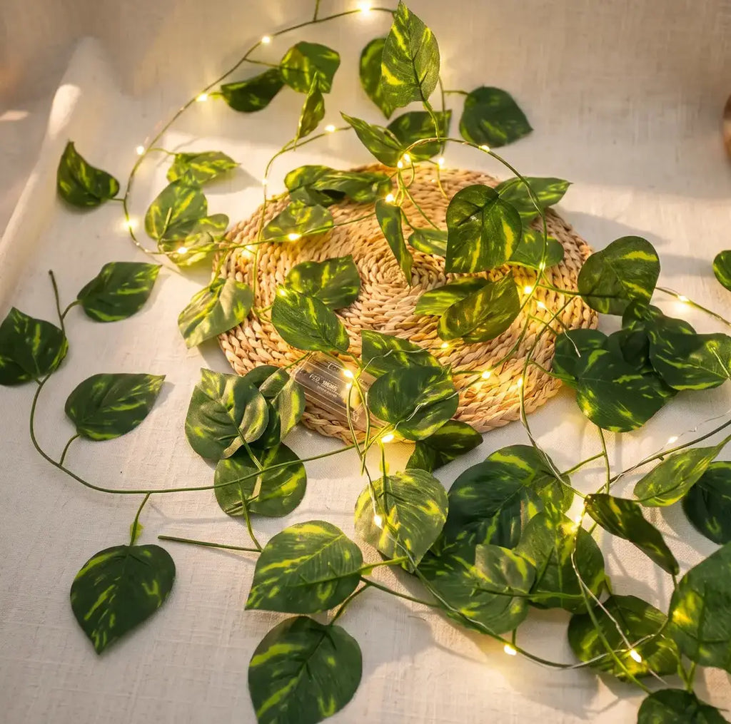 Artificial Plant Leaves bail with 10 ft LED Fairy Lights Battery Operated and 7 ft Bail Leaf Lights